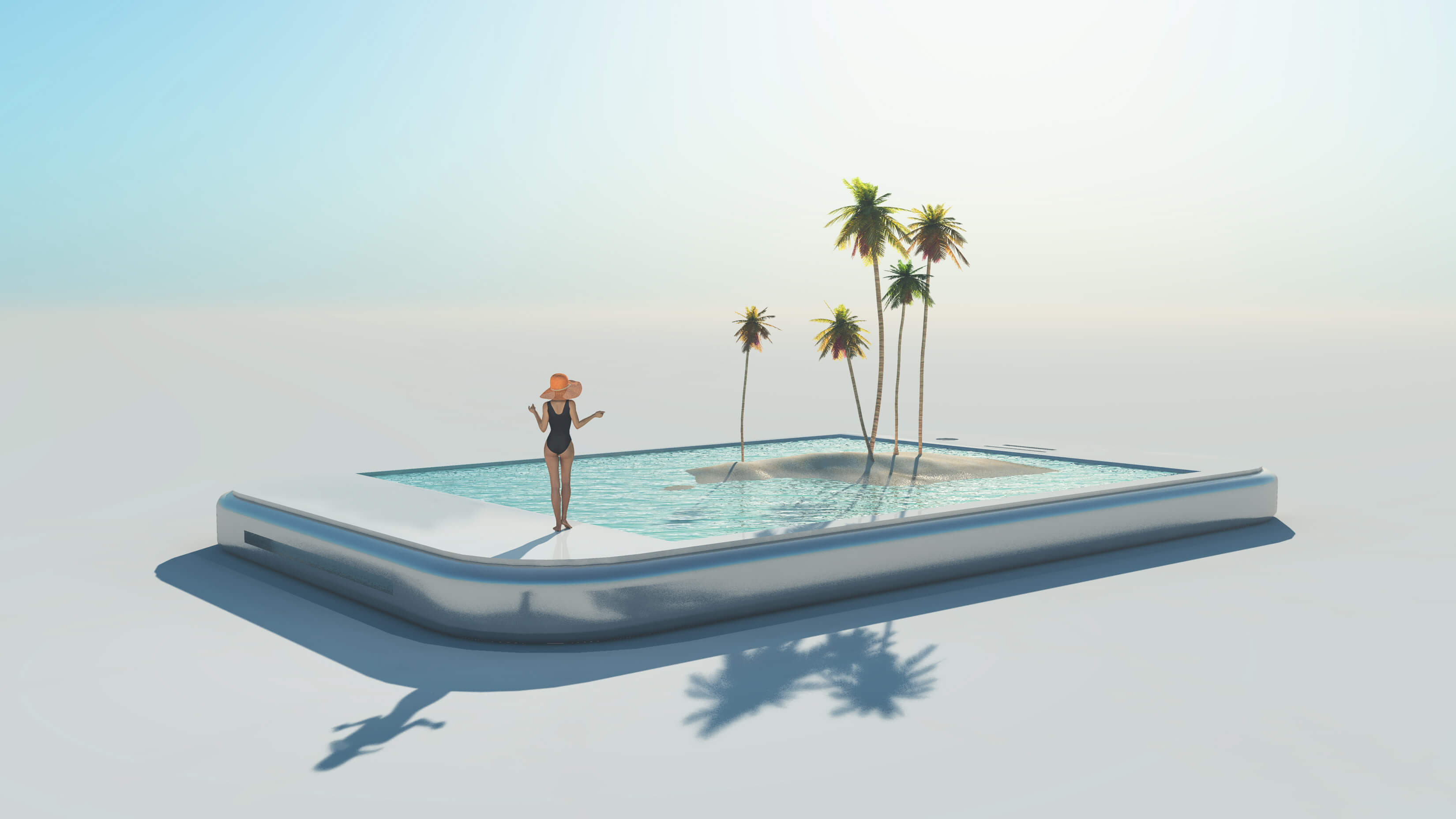 Woman on a mobile device in swimsuit looking at 3d content engaged beyond human cognition like any digital business.