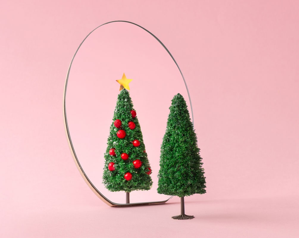 Evergreen conifer in front of a mirror portraying a decorated tree signifying the ultimate experience like AR, VR, and AI